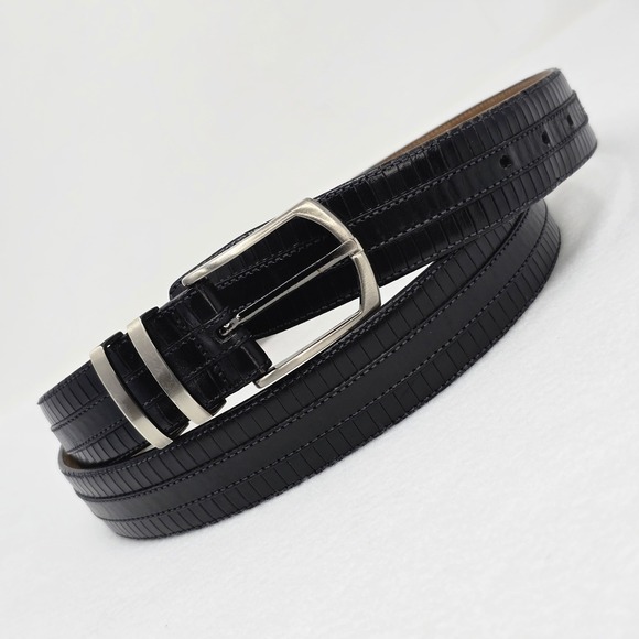 Mezlan Mens Belt Sz 48 Black Leather 8700/35 Brushed Silver Spain Big & Tall - Picture 2 of 16